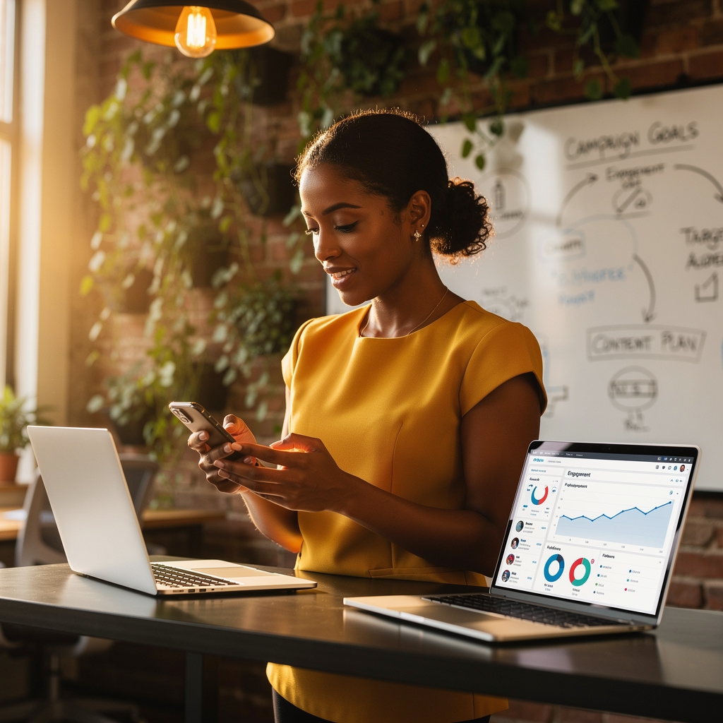 Emprendedora utilizando herramientas de marketing digital en su empresa emergente