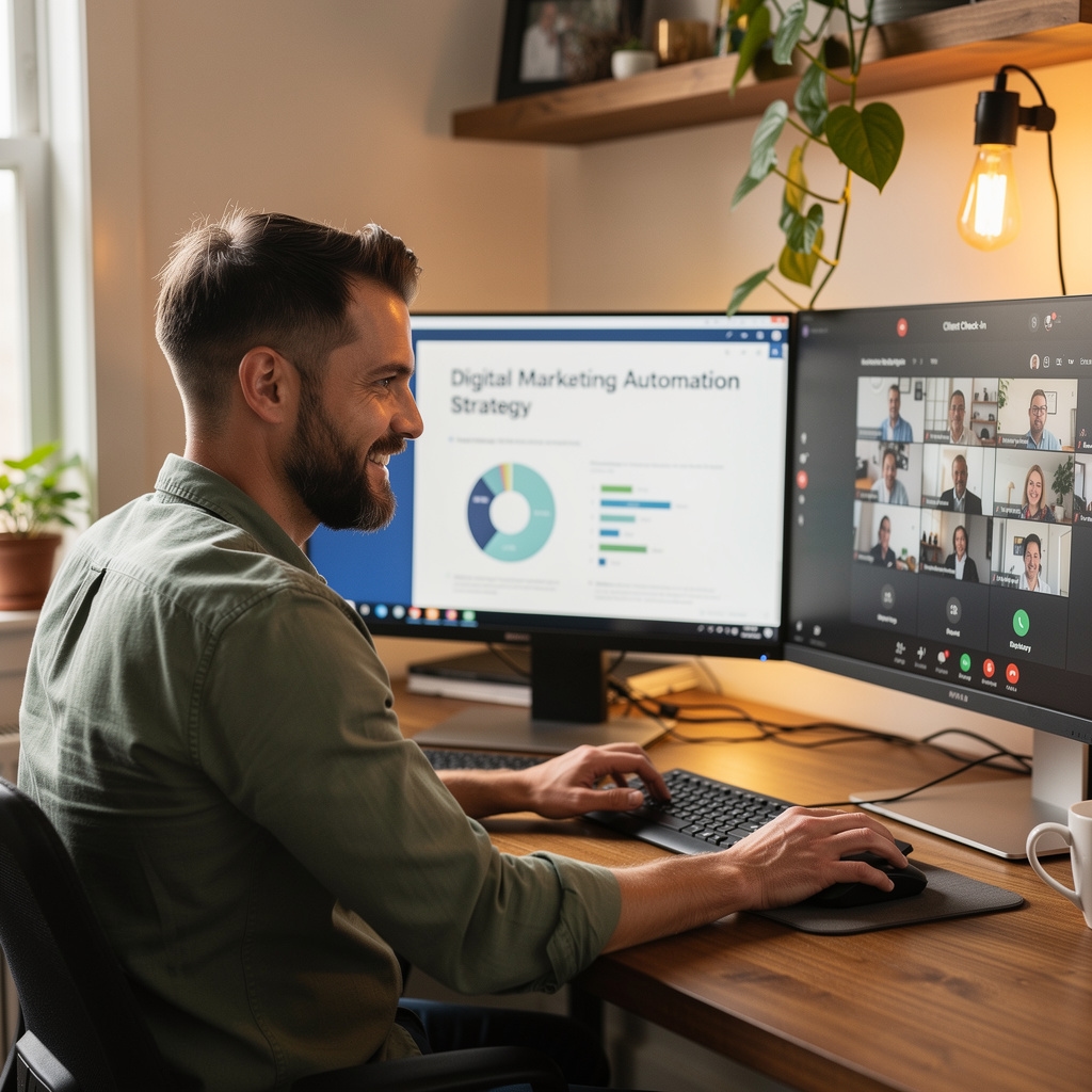 Consultor freelance de marketing digital trabajando desde casa con múltiples pantallas