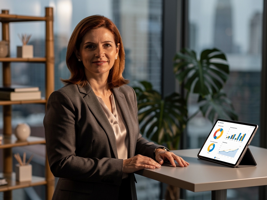 Directora de marketing revisando estrategia digital en su oficina