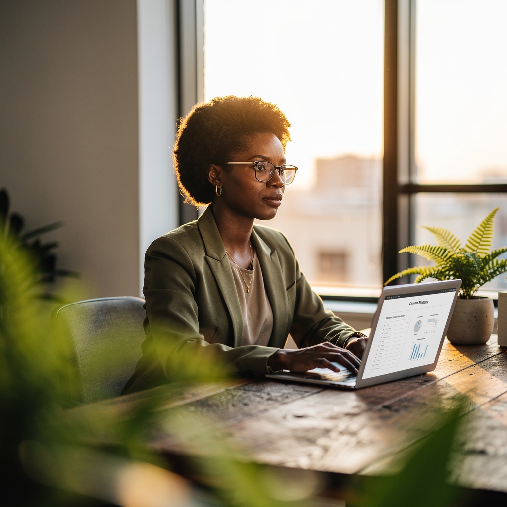 Profesional de marketing trabajando con herramientas digitales en su portátil