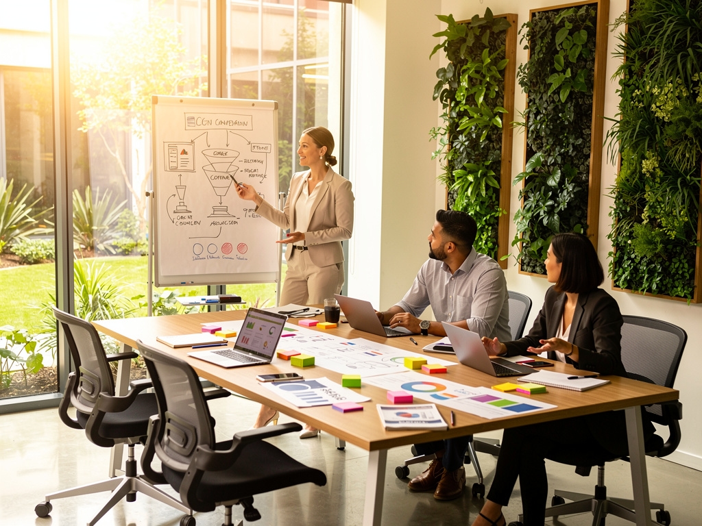 Equipo de marketing colaborando en sesión de estrategia digital